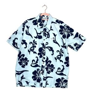 Teahupoo Tahiti Large Mens White Blue Floral Cotton Short Sleeve Button Up Shirt